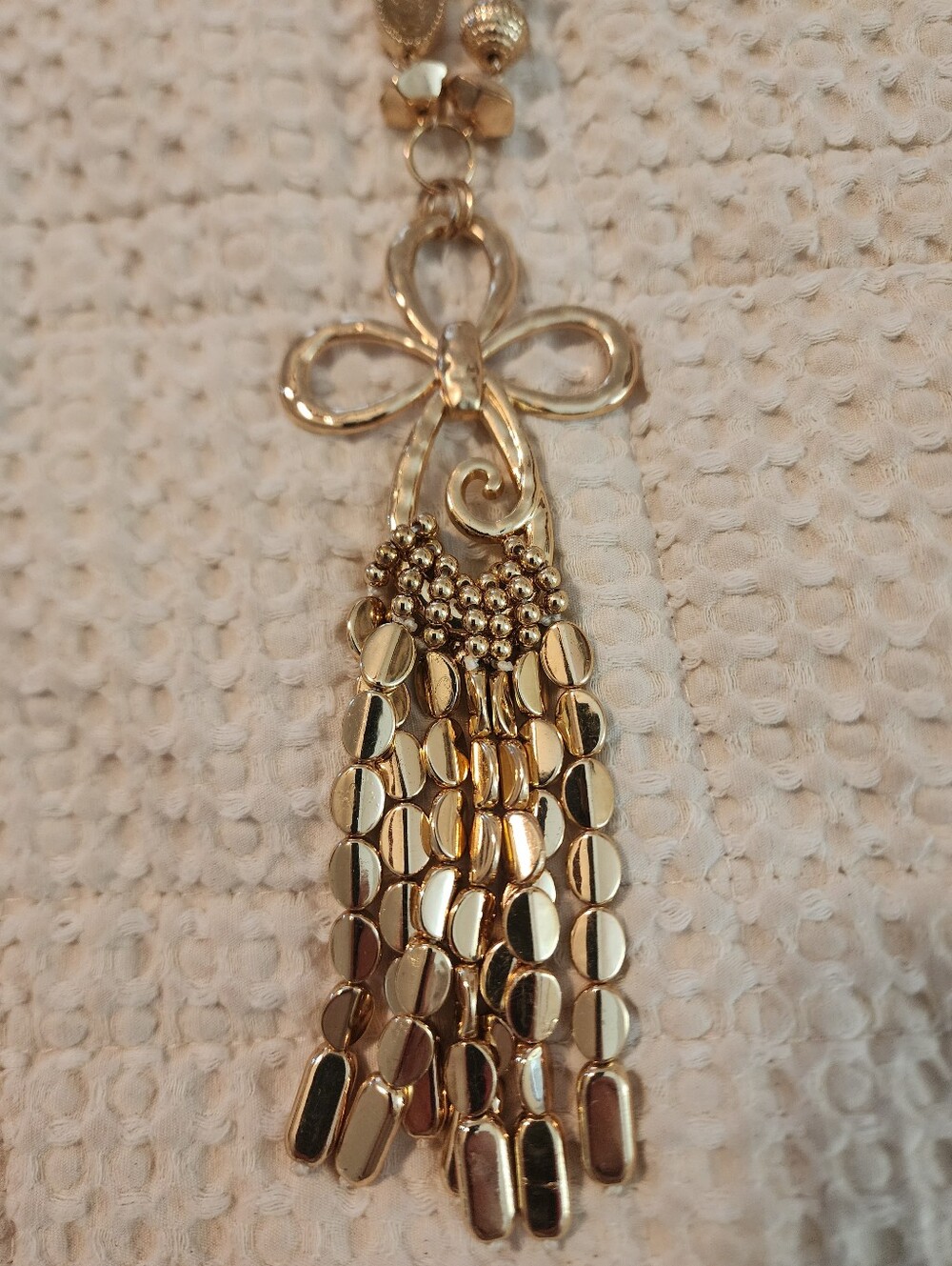 Contemporary Chunky Goldtone Cross Pendant With Tassles Long Necklace